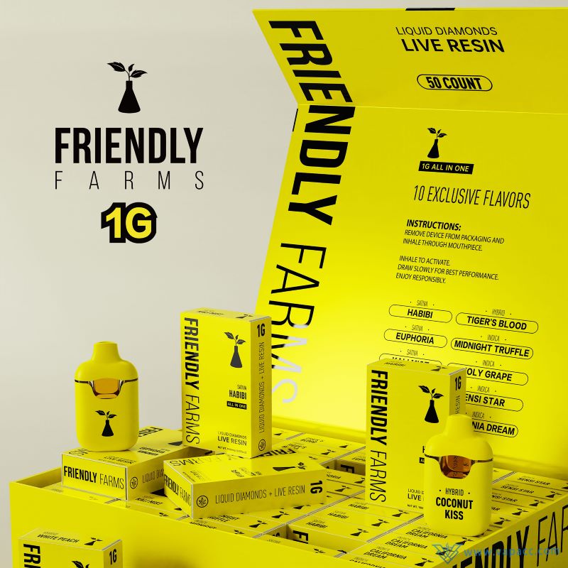 Friendly Farms 1ml empty disposable vape pen set with yellow packaging box.