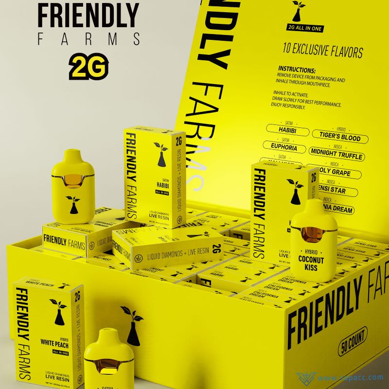 Friendly Farms 2ml empty vape pen devices and custom packaging options.