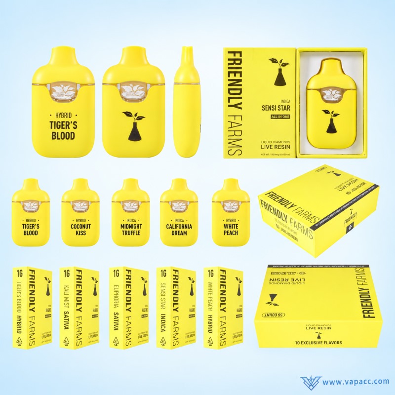 Friendly Farms 1ml and 2ml empty vape pen hardware full packaging kit including single and display boxes