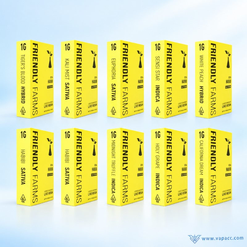 Friendly Farms empty vape pen single retail packaging boxes lineup by Vapacc