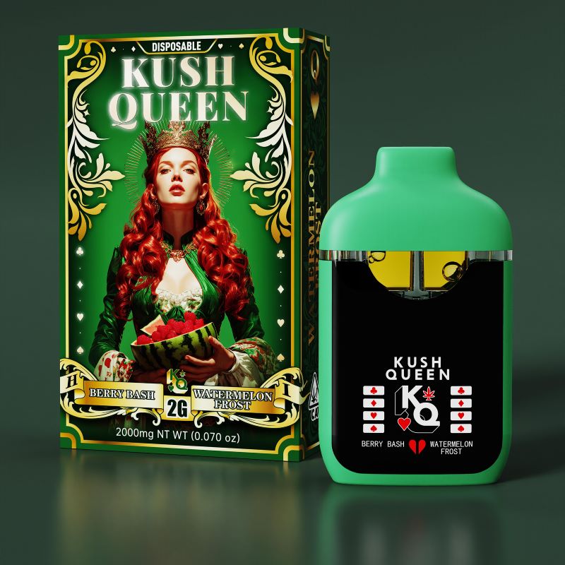 green kush queen 2g empty disposable vape pen with berry bash and watermelon frost box