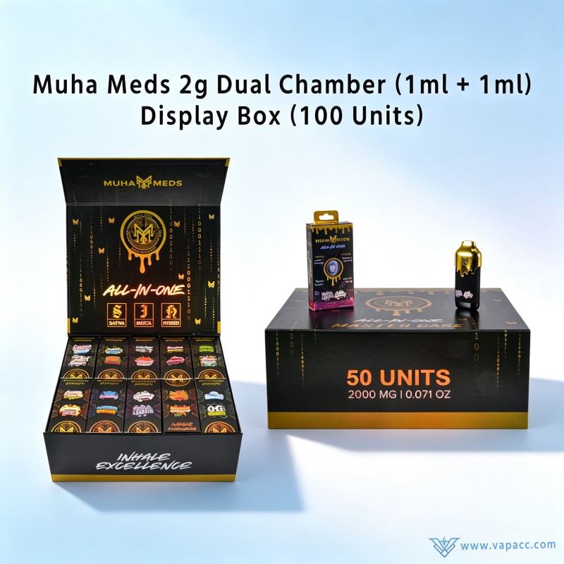 100-unit wholesale counter display box and 50-unit master case for Wholesale Muha Meds 2g Empty dual chamber vapes.