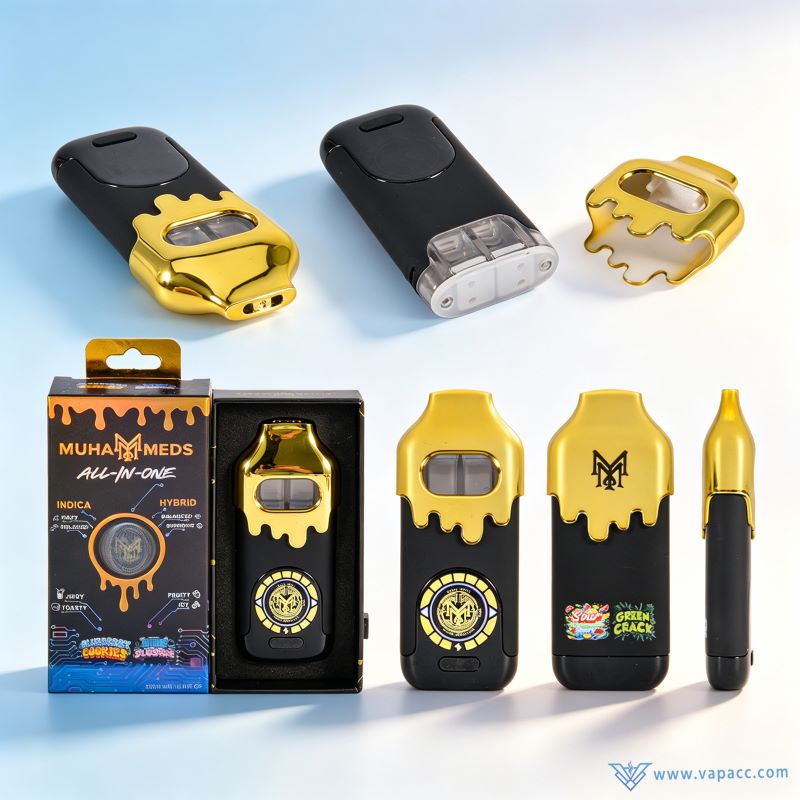 Detailed view of Wholesale Muha Meds 2g Empty dual chamber all-in-one vape hardware components, mouthpieces, and packaging.