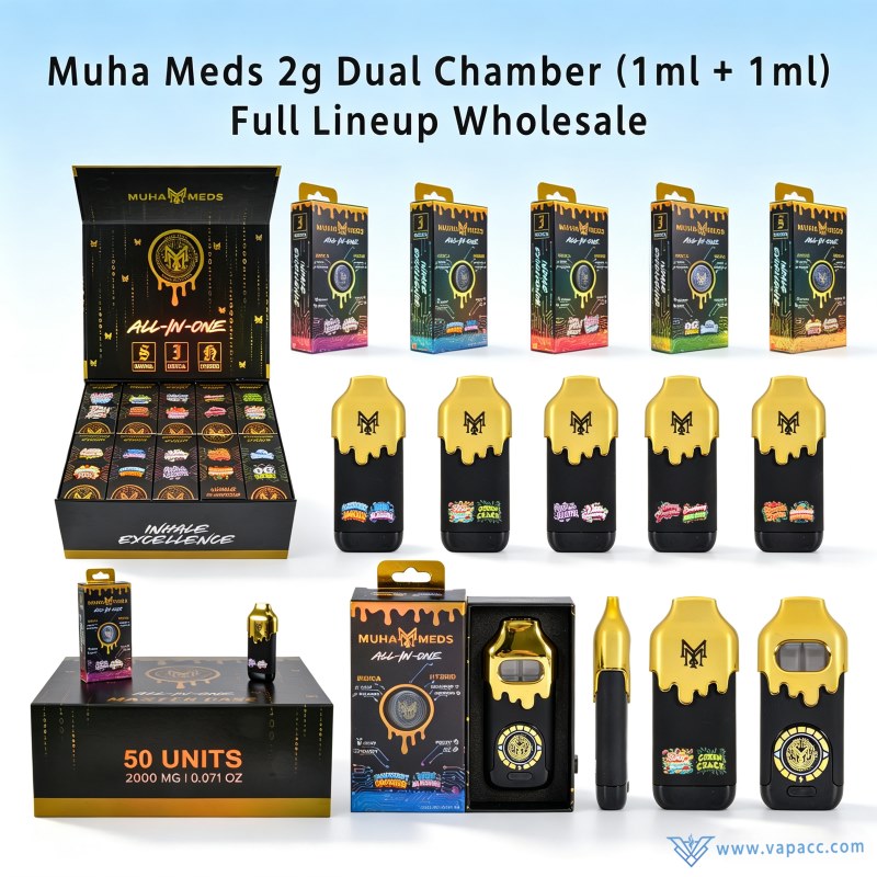 Wholesale Muha Meds 2g Empty dual chamber all-in-one cart product lineup with master display boxes and hardware options.