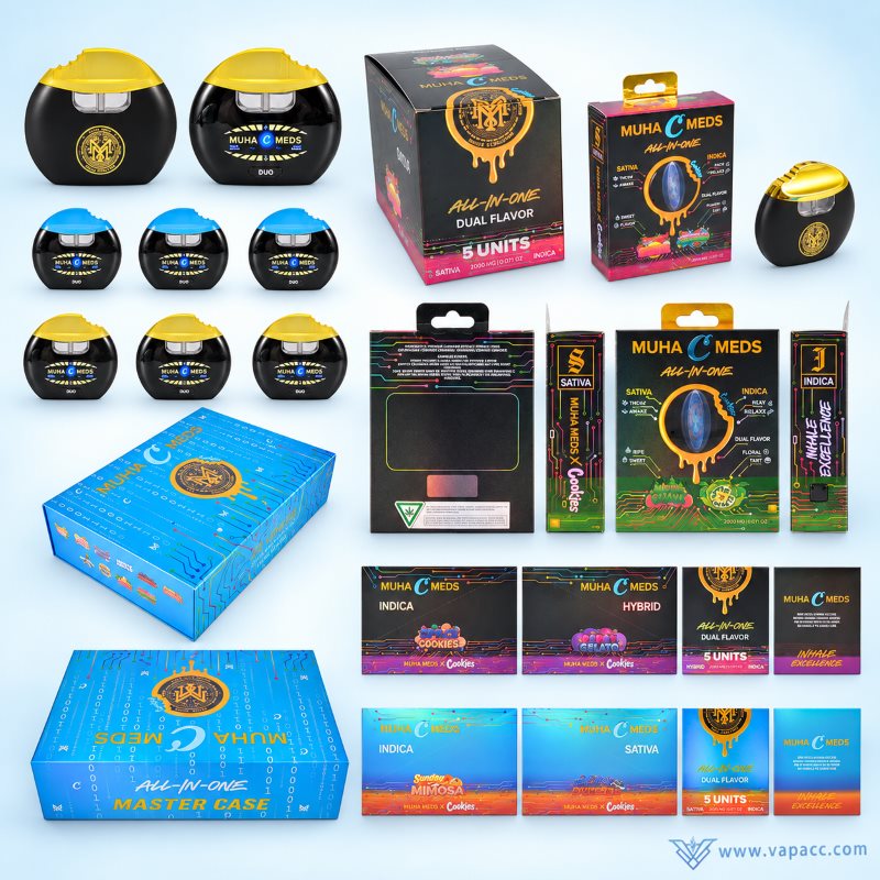 Muha Meds x Cookies 2g Dual flavor empty vape hardware with master case and retail packaging.