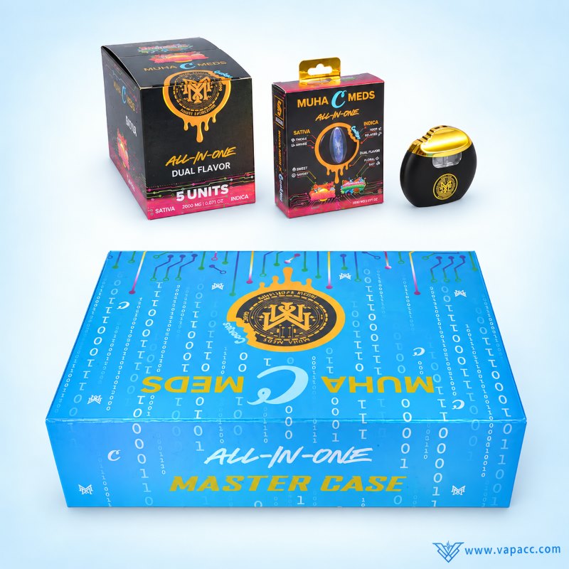 Muha Meds x Cookies 2g Dual flavor empty vape device with 5-unit display box and master case.
