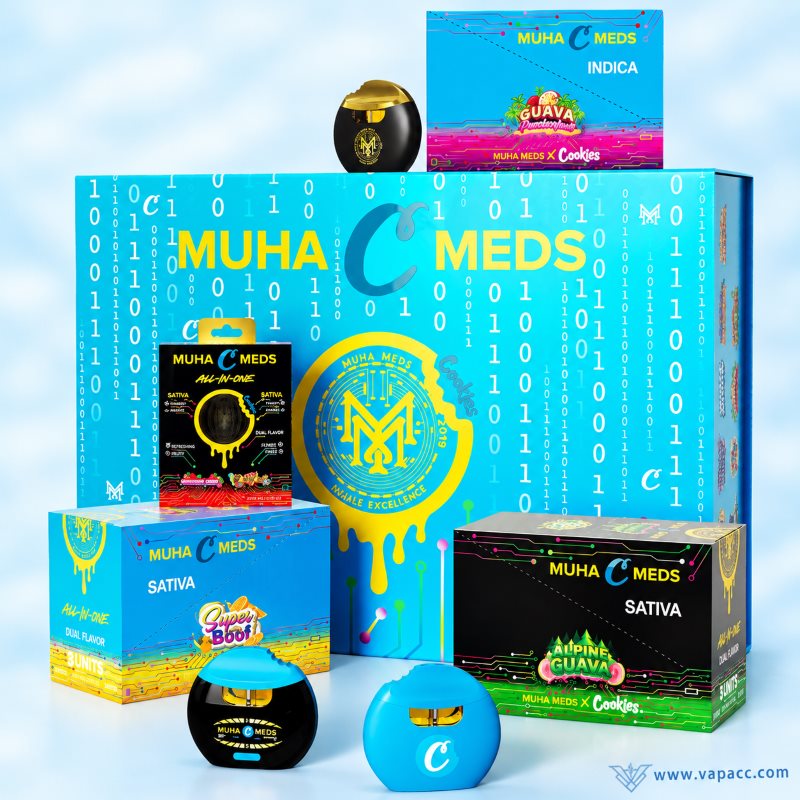 Complete lineup of Muha Meds x Cookies 2g Dual flavor empty vape devices, strain cards, and packaging.