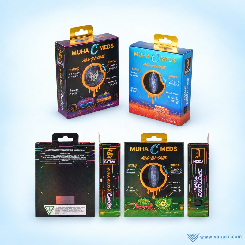 Muha Meds x Cookies 2g Dual flavor single unit retail packaging boxes showing front, back, and side designs.