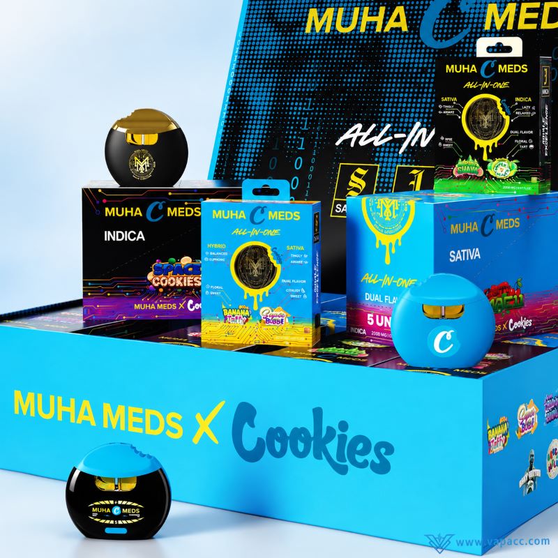 Muha Meds x Cookies 2g Dual flavor empty vape wholesale master case filled with retail boxes and devices.