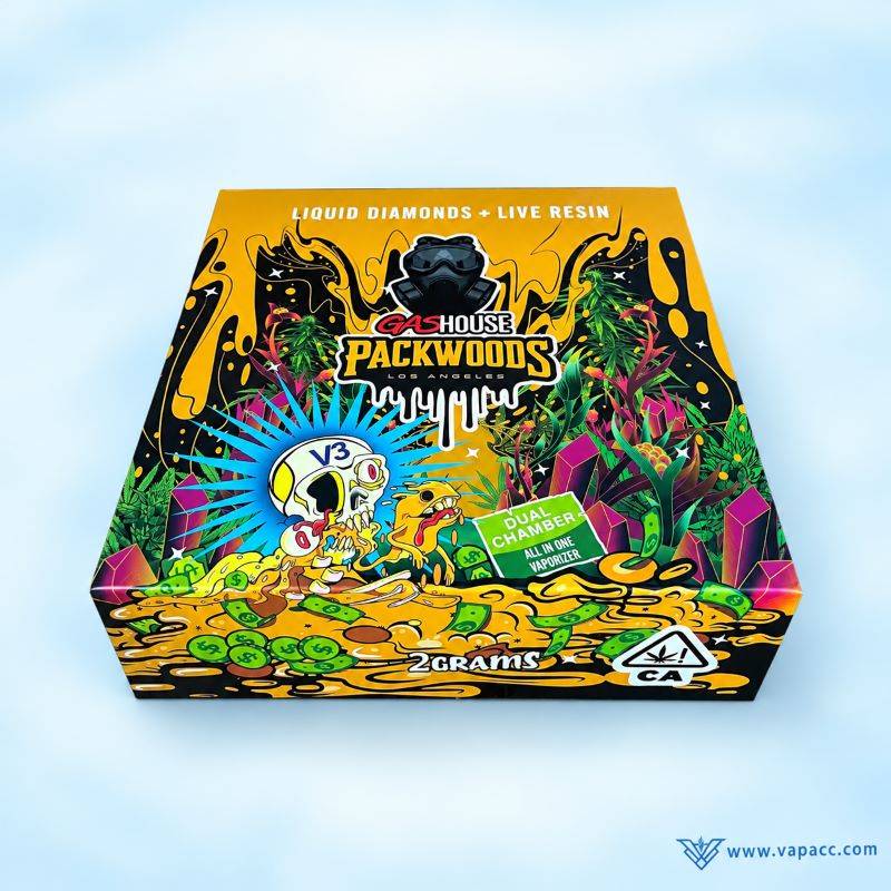 closed master packaging box with graffiti art for packwoods x gas house v3 2g disposables