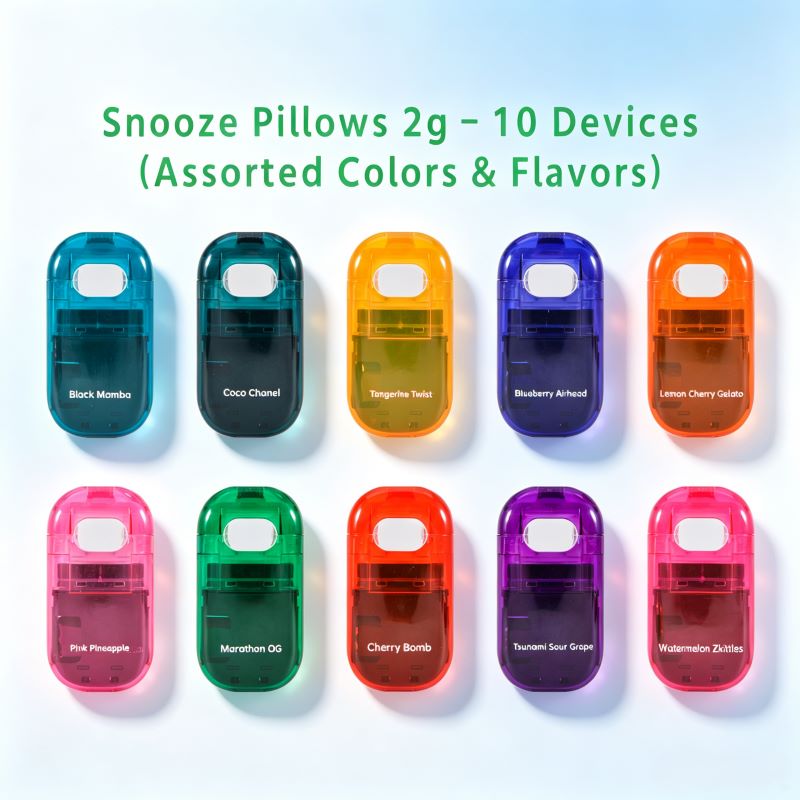 Ten colorful Snooze Pillows 2g empty vape devices in various transparent finishes.