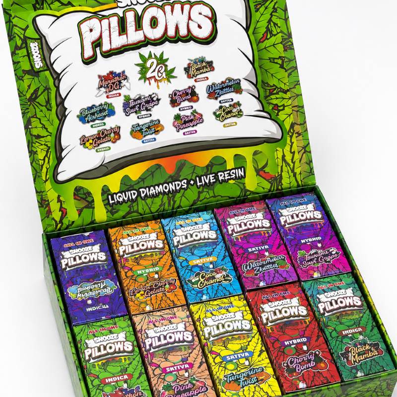 Open retail counter display box filled with Snooze Pillows empty carts packaging.