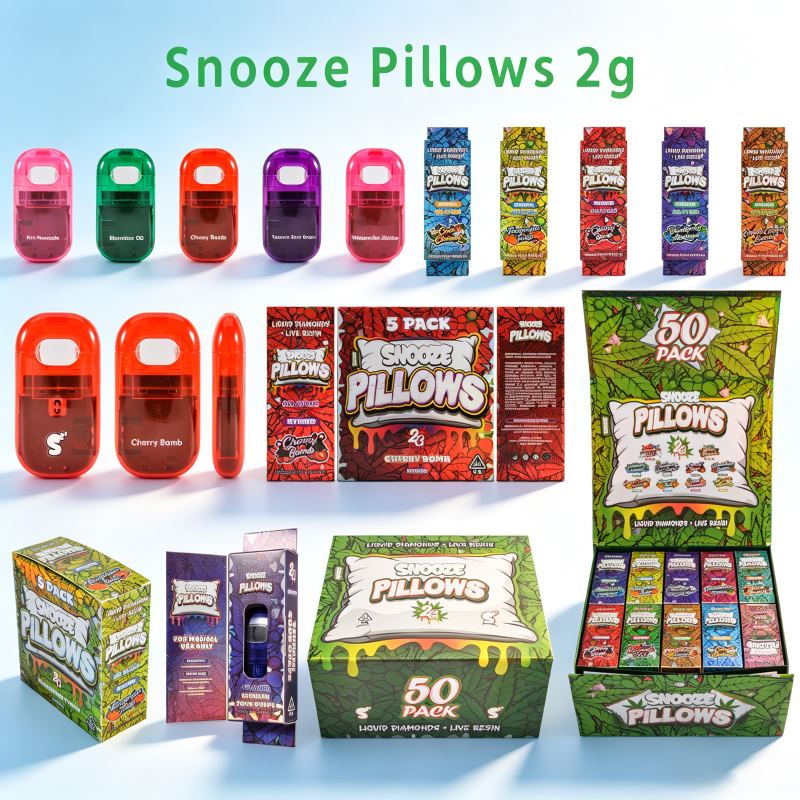 Complete Snooze Pillows 2g empty vape carts hardware set with retail display packaging.