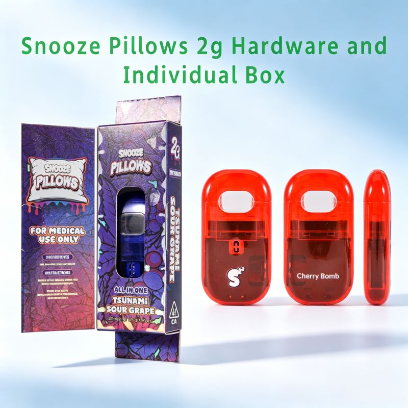Red Snooze Pillows 2g empty vape device shown with individual retail packaging box.