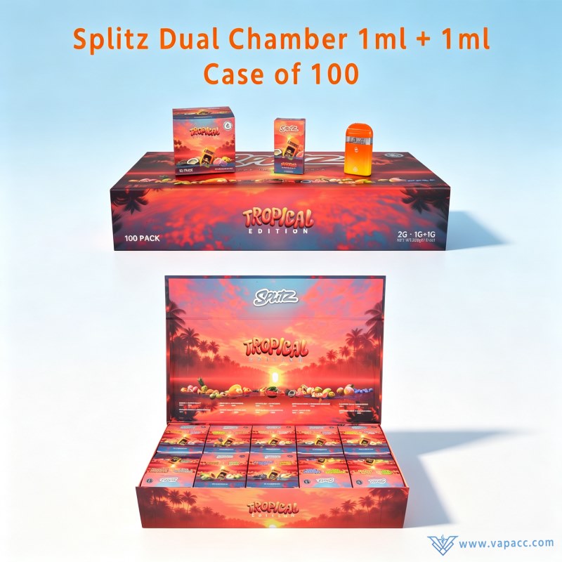 Splitz 2g Empty Cart Tropical Edition 100-pack wholesale shipping case and opened retail counter display box.