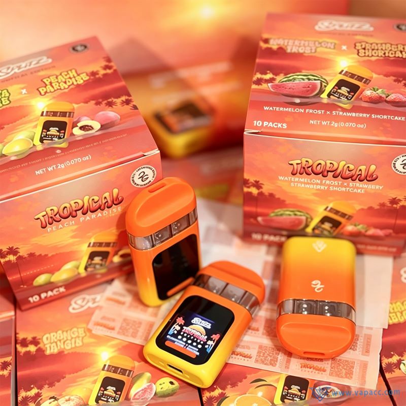 Splitz 2g Empty dual-flavor disposable vape devices paired with Peach Paradise and Watermelon Frost flavor packaging boxes.