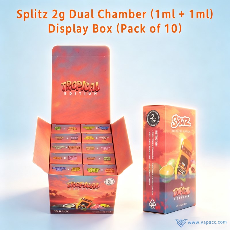 Open 10-pack display box showing Splitz 2g Empty Tropical Edition dual-flavor disposable vape packaging boxes.