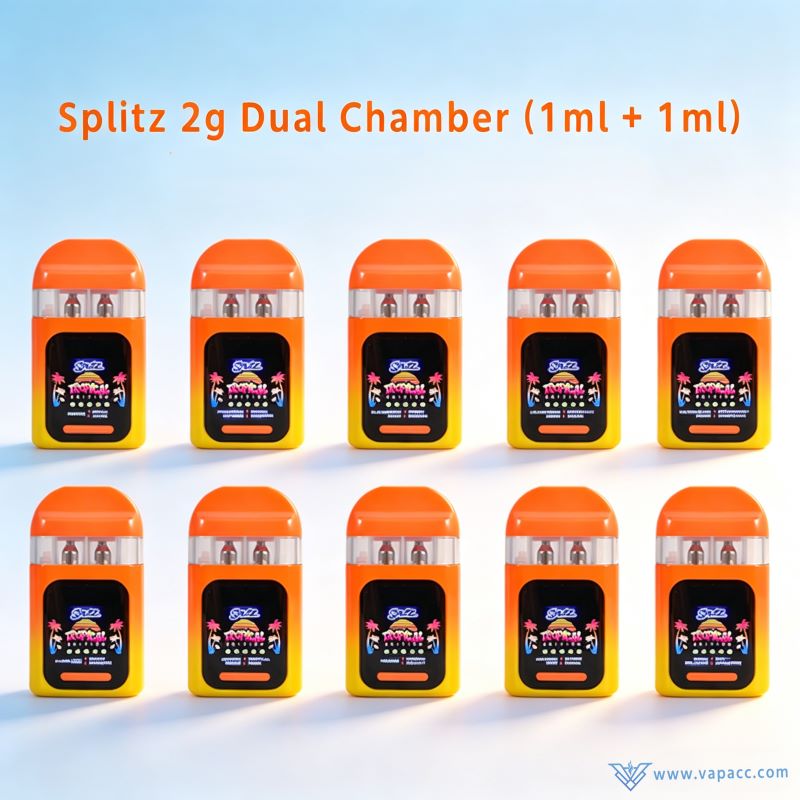 Front view of 10 Splitz 2g Empty dual-flavor disposable vape devices with digital screens and dual 1ml oil chambers.