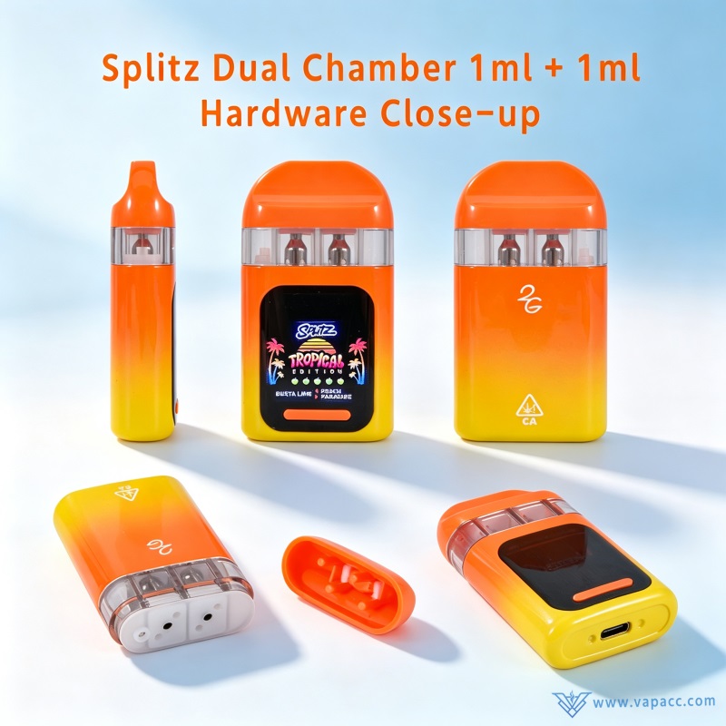 Close-up of Splitz 2g Empty dual-chamber disposable vape hardware showing front screen, clear dual oil windows, and Type-C charging port.