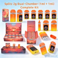 Splitz 2g Empty Tropical Edition dual-flavor disposable vape wholesale full kit with master box, small packaging boxes, and dual-chamber devices.