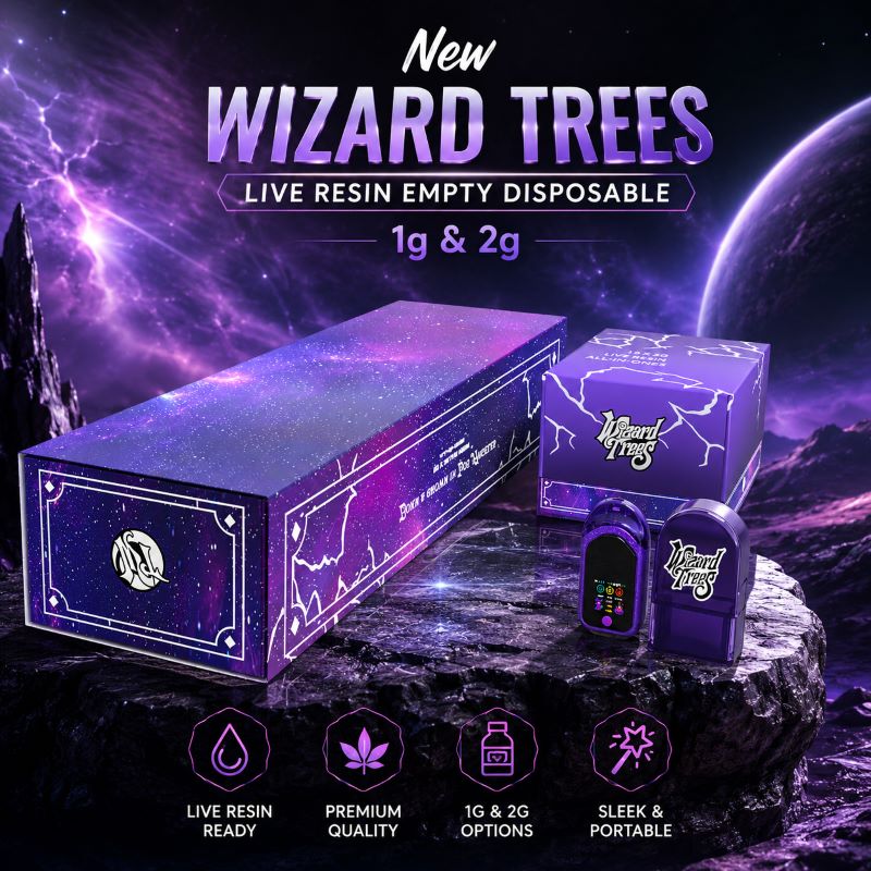 Vapac wholesale banner for Wizard Trees empty live resin disposable vape with screen, displaying 1g and 2g packaging options in a galaxy theme.