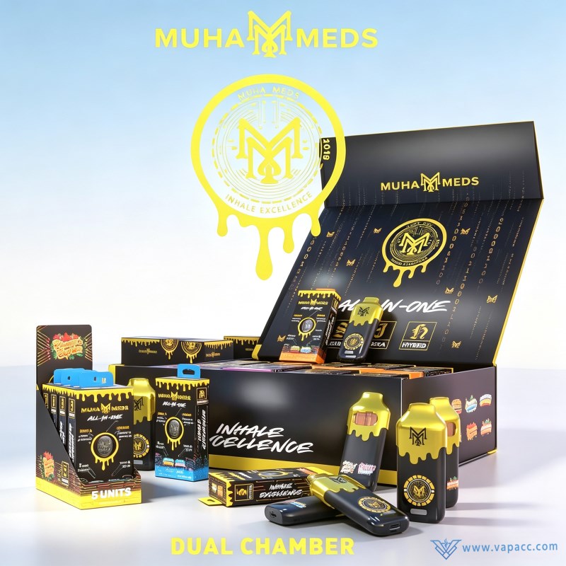 Wholesale Muha Meds 2g Empty dual chamber all-in-one vape hardware complete kit with packaging boxes, display cases, and devices.