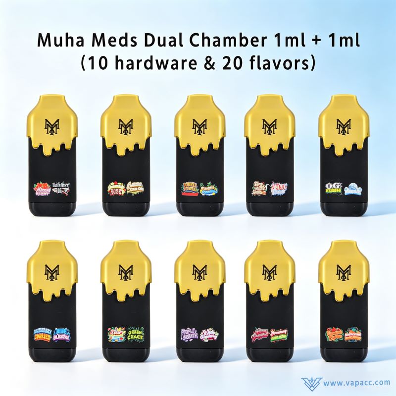 10 Wholesale Muha Meds 2g Empty dual chamber all-in-one vape devices displaying 20 dual-flavor strain options.
