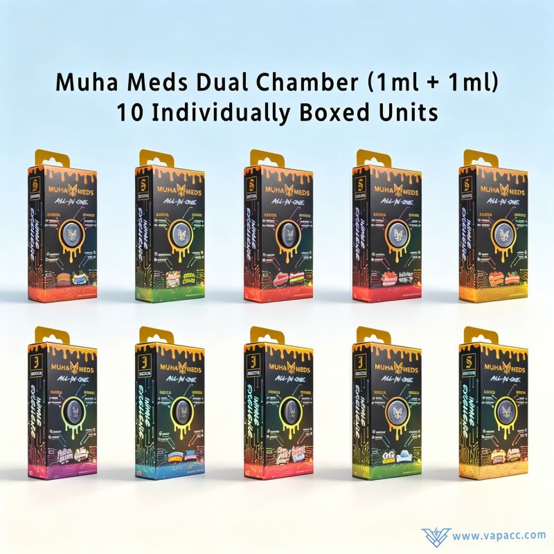 10 individually boxed packaging units of Wholesale Muha Meds 2g Empty dual chamber all-in-one vape hardware.