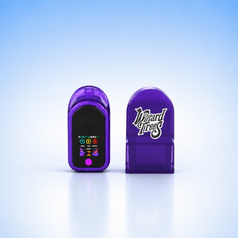 Front view of Wizard Trees 1g single-flavor empty vape pen with smart screen alongside protective cap