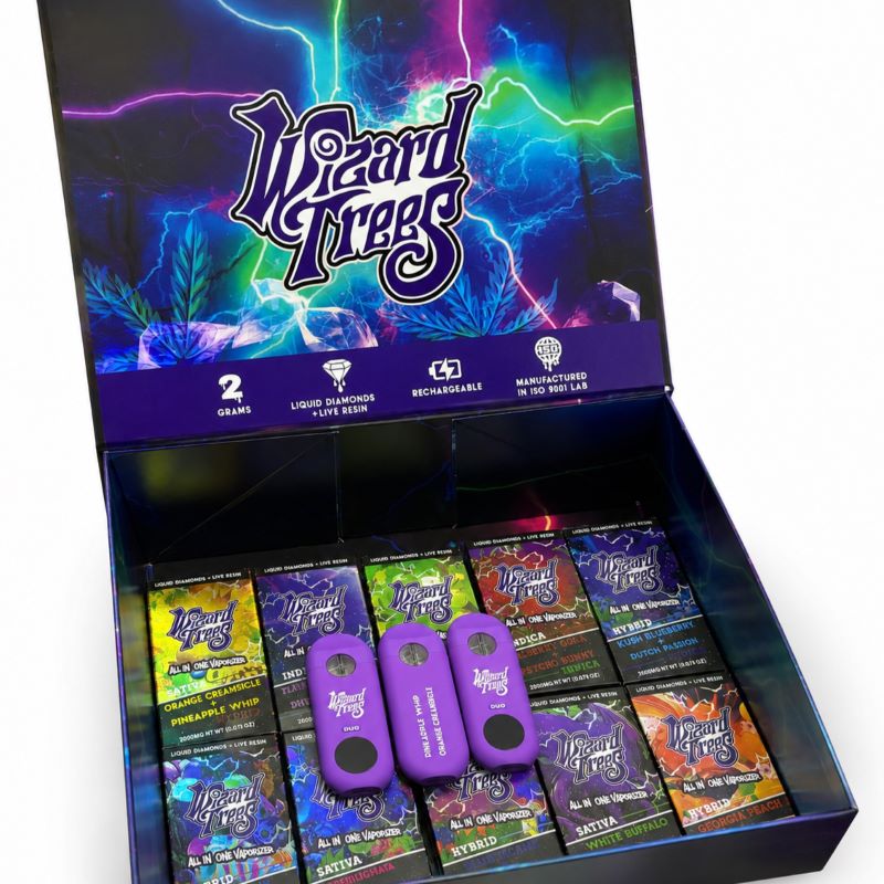 Wholesale Wizard Trees 2ml dual-chamber vape pens inside open 50-count master display box