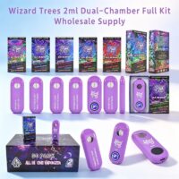 Complete wholesale kit of Wizard Trees 2ml dual-chamber vape hardware, retail packaging, and display box