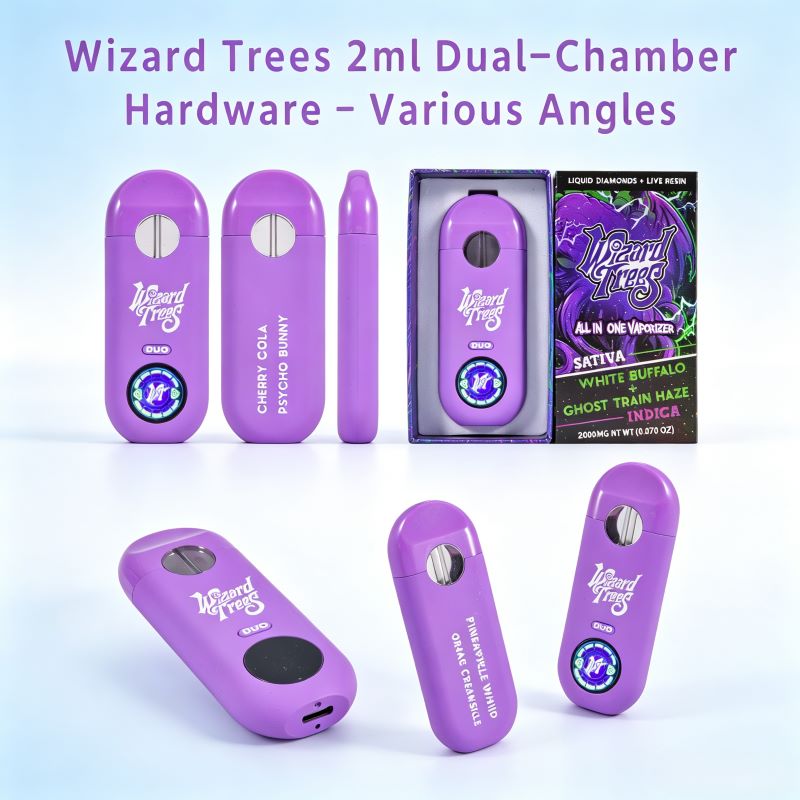 Multi-angle product views of Wizard Trees 2ml dual-chamber empty vape pen showing Type-C port and screen