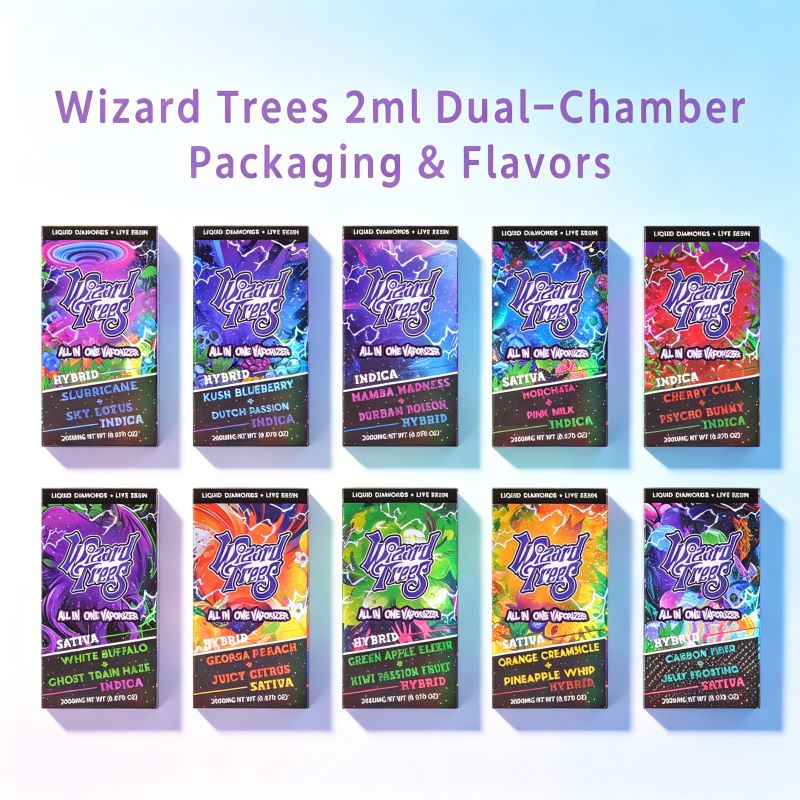 Array of 10 Wizard Trees 2ml dual-chamber strain-specific retail packaging boxes