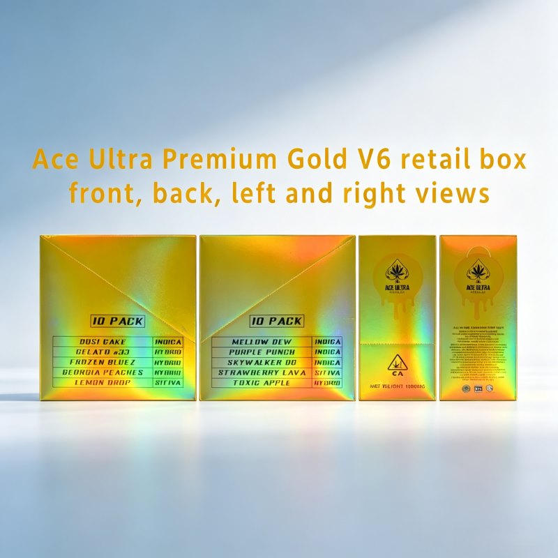 Four-view display of Ace Ultra V6 premium gold retail box showing strain list and brand logos
