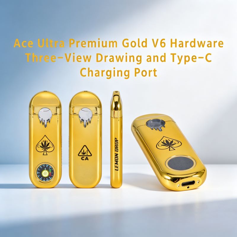 Three-view structure of Empty Ace Ultra V6 vape pen highlighting the bottom Type-C charging port.