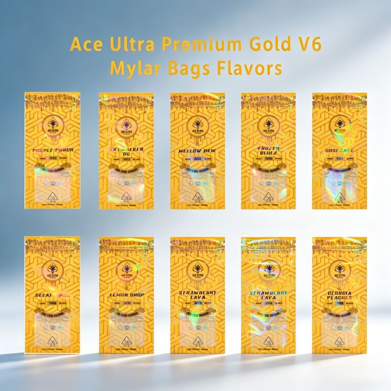 10 flavor designs of Ace Ultra V6 gold Mylar packaging bags for 1g & 2g vape pens.