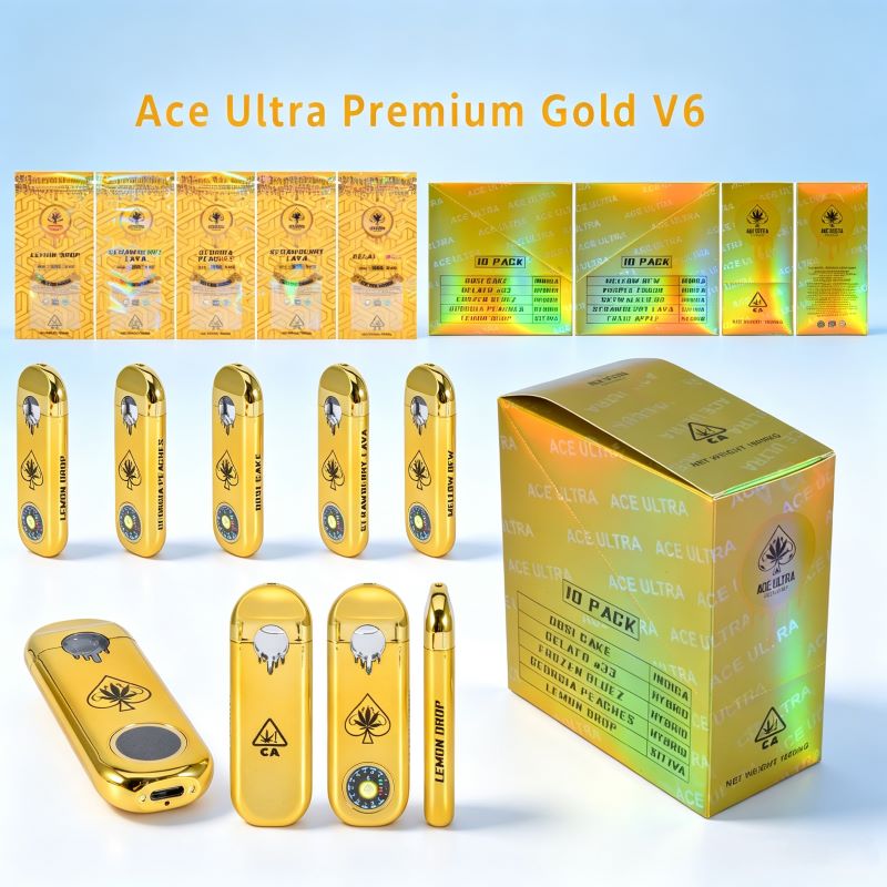 Wholesale Empty Ace Ultra V6 1g & 2g Disposable Vape Pen Premium Gold set with packaging bags and display box.Wholesale Empty Ace Ultra V6 1g & 2g Disposable Vape Pen Premium Gold set with packaging bags and display box.