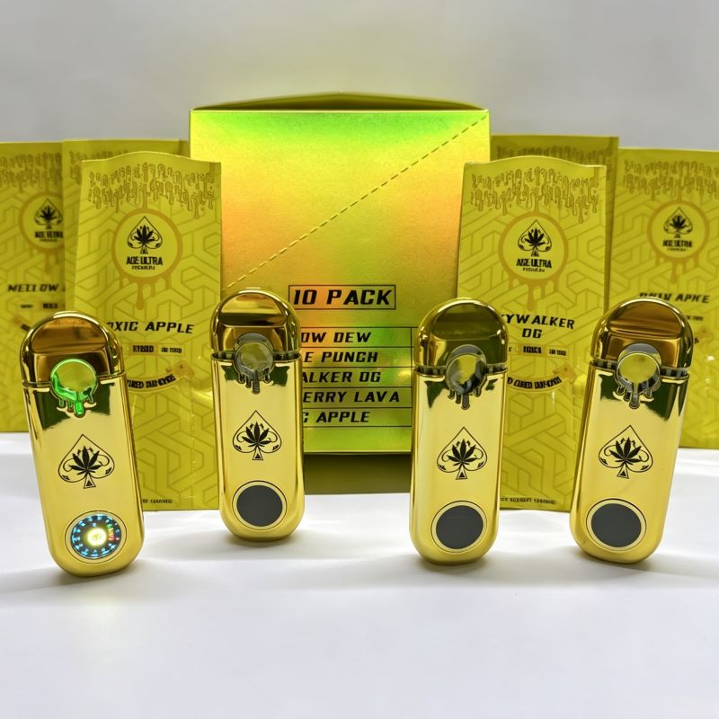 Unfilled Empty Ace Ultra V6 gold vape devices standing with wholesale display box and foil bags.