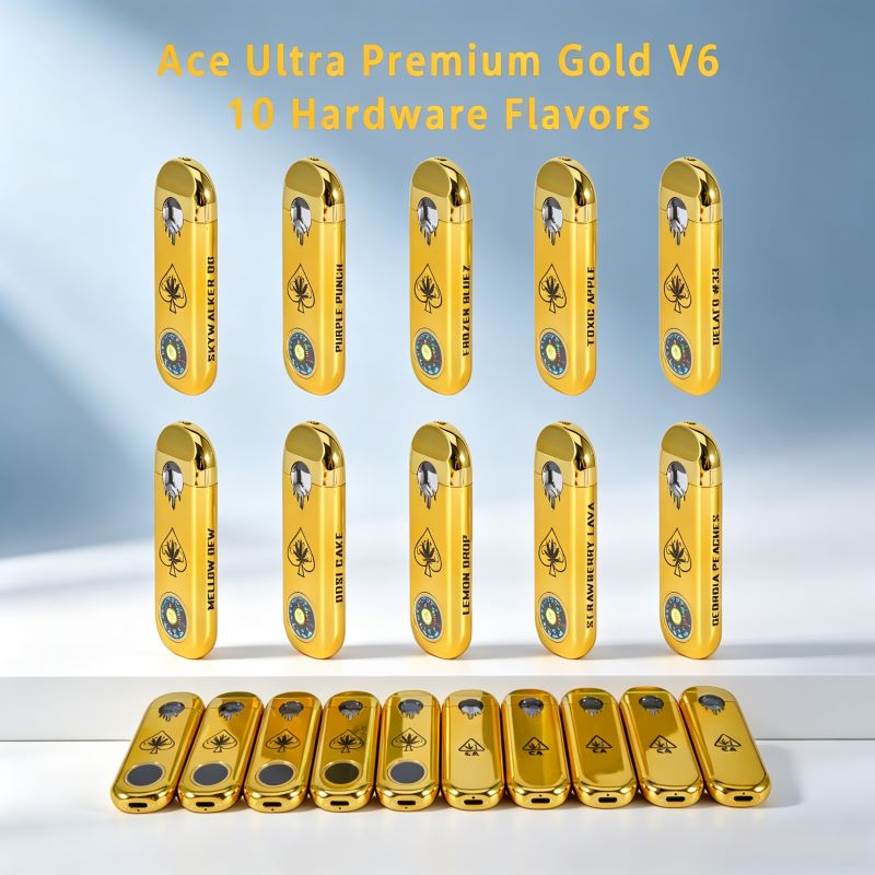 Empty Ace Ultra V6 gold all-in-one vape hardware showing 10 strain flavors front and back.