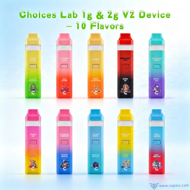 10 color options of empty Choices Lab V2 dual chamber disposable vape pens