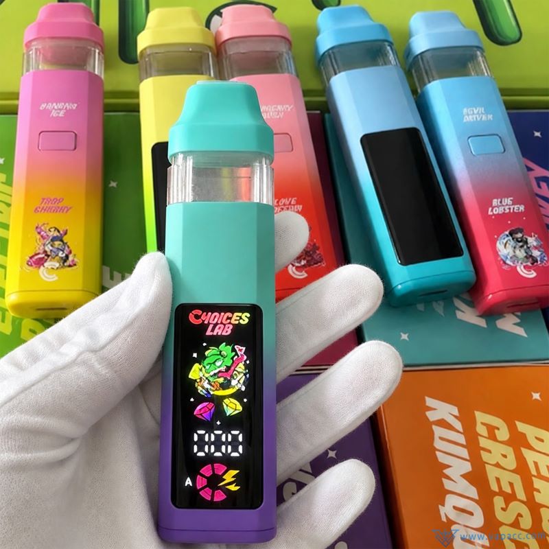 Smart screen detail of empty Choices Lab V2 dual chamber disposable vape device