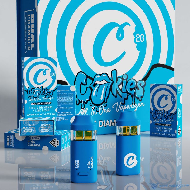 Empty Cookies 2000mg dual chamber all-in-one vape hardware and original retail packaging boxes.
