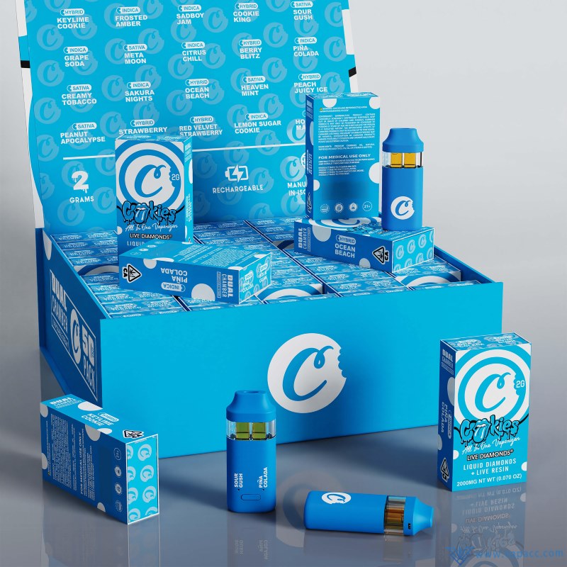 Empty Cookies 2g Dual chamber disposable vape wholesale full packaging collection with master display box and blue hardware devices.