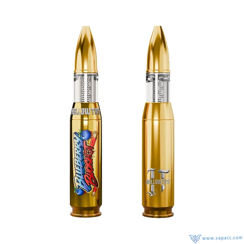 Empty 2g gold bullet-shaped disposable vape hardware with hollow tip (front and back views)