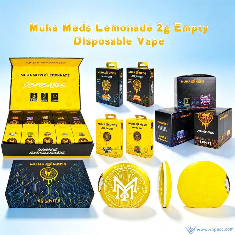 Wholesale empty Muha Meds x Lemonade 2g disposable vapes with full retail packaging