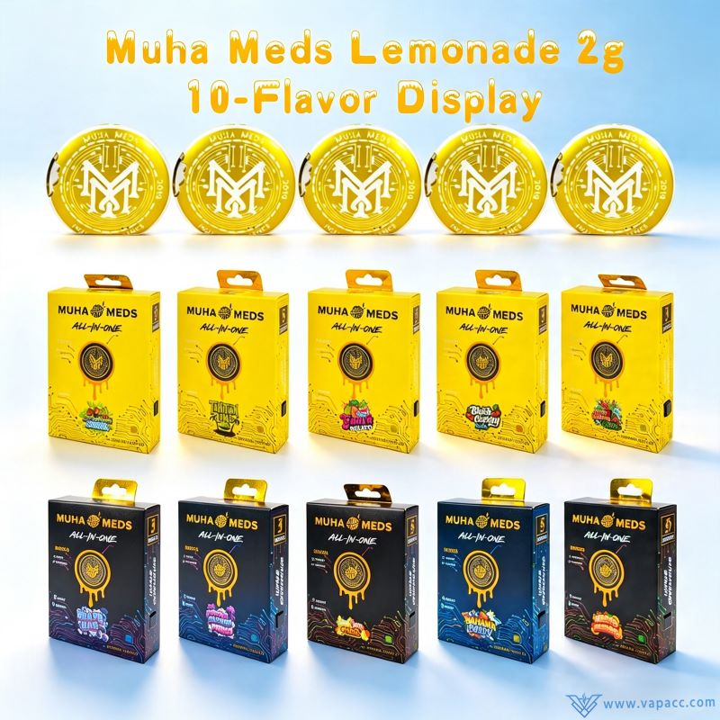 10 flavor options of empty Muha Meds x Lemonade 2g vape devices and boxes