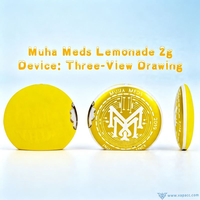 Three view drawing of empty Muha Meds x Lemonade 2g round coin shape vape device