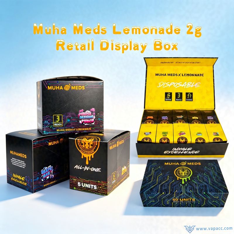 Retail display box and master box for empty Muha Meds x Lemonade 2g vapes