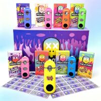 Wholesale empty Pack Man 1g disposable vape pens with strain retail packaging boxes and master display box.