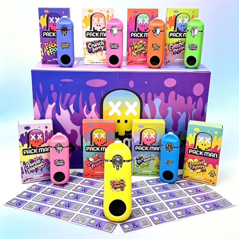 Wholesale empty Pack Man 1g disposable vape pens with strain retail packaging boxes and master display box.